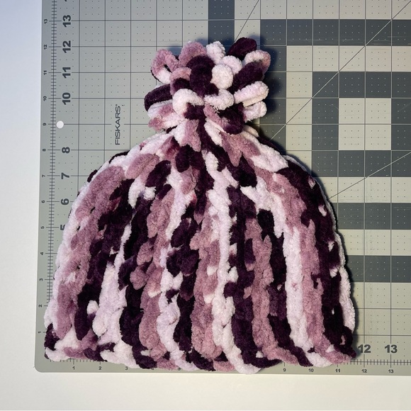 Handmade Women’s/Junior’s Winter Hat With Loopy Pom-Pom - Variegated Purple - Picture 8 of 9